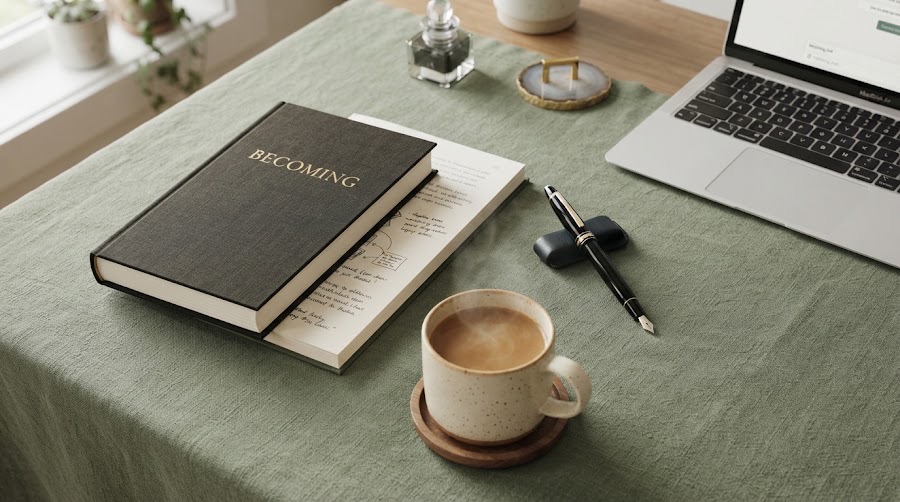 A bound book, a fountain pen and a cup of coffee on a writing desk