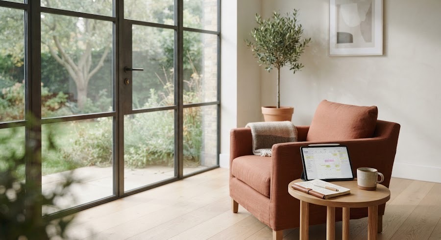 A terracotta armchair by a tall window with a small table and a laptop