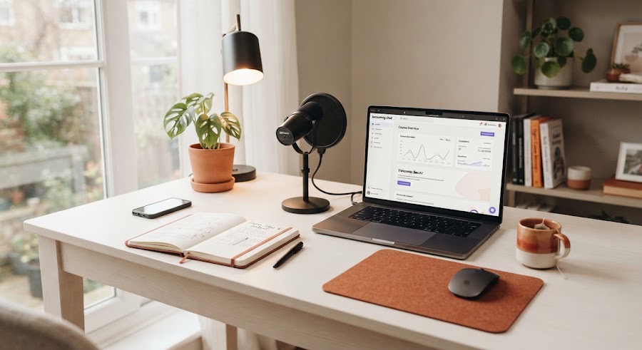 A desk with a laptop, a microphone and a plant, ready for recording
